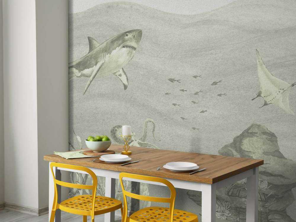 Mundo submarino con tiburones en verde