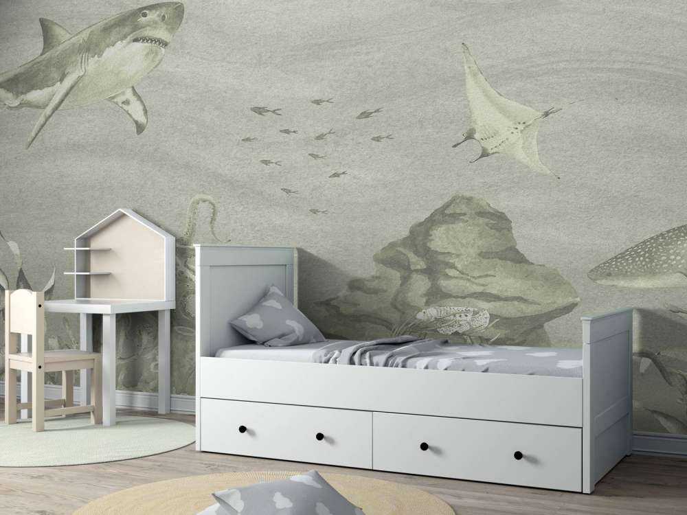 Mundo submarino con tiburones en verde