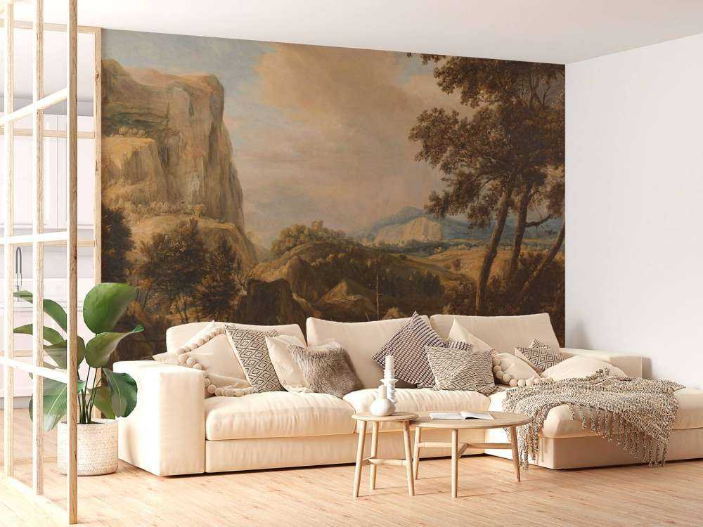 Paisaje montañoso con pescadores