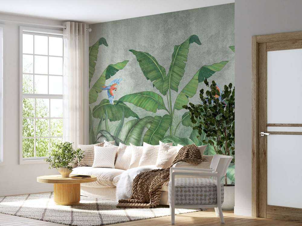Hojas tropicales sobre hormigón