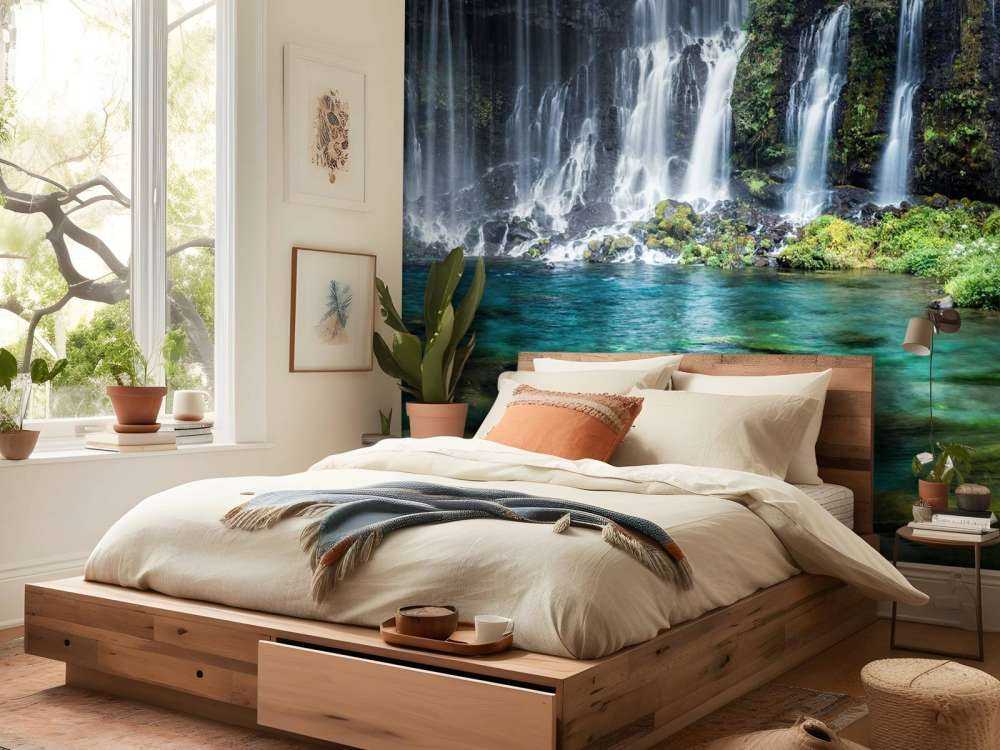 Panorama de la cascada con agua azul turquesa