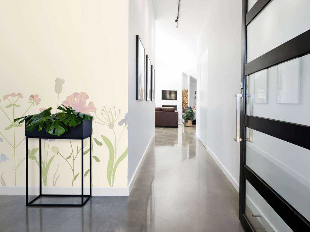 Campo de flores beige, rosa viejo, verde y lila