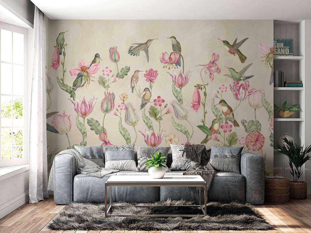 Sinfonía de Colibríes de Primavera - Elegancia de Crema Sonrojada