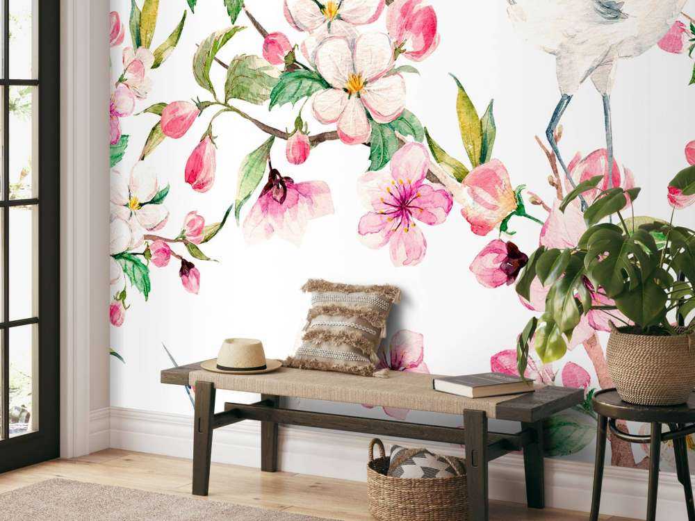 Grullas pintadas con flores
