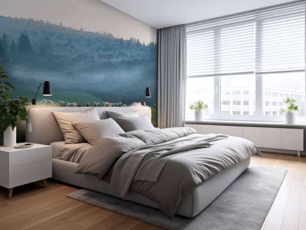 Rebaño de ovejas con paisaje de niebla