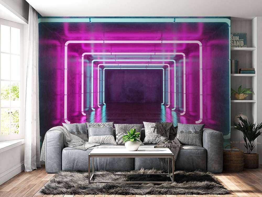 Sala de hormigón con luces de neón