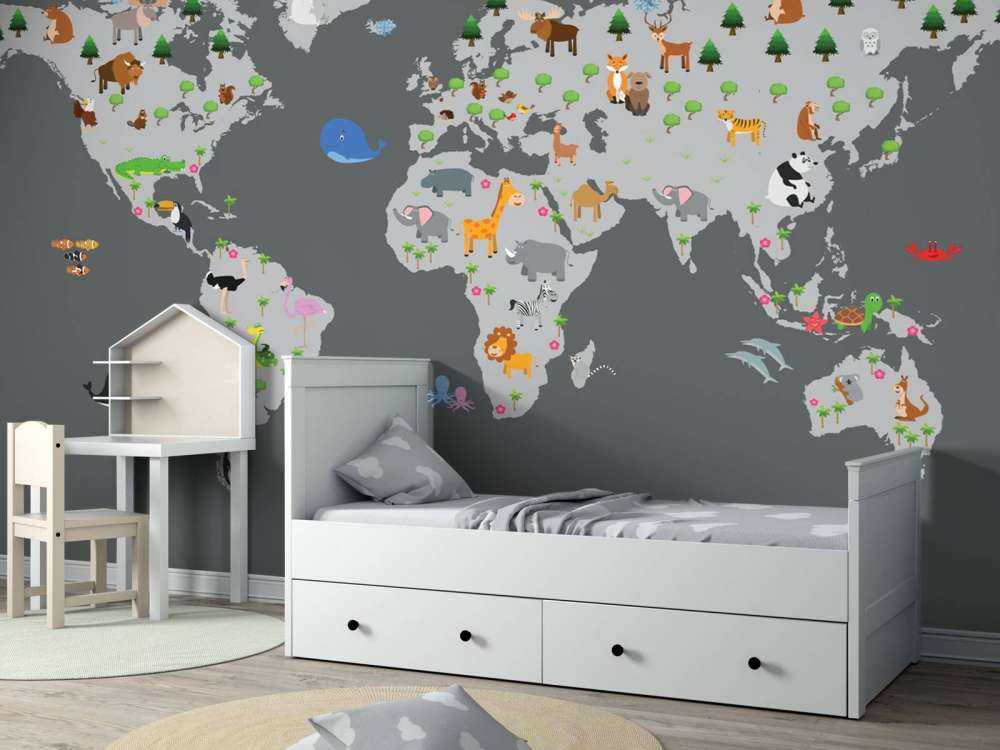 Mapa del mundo para niños con fondo gris
