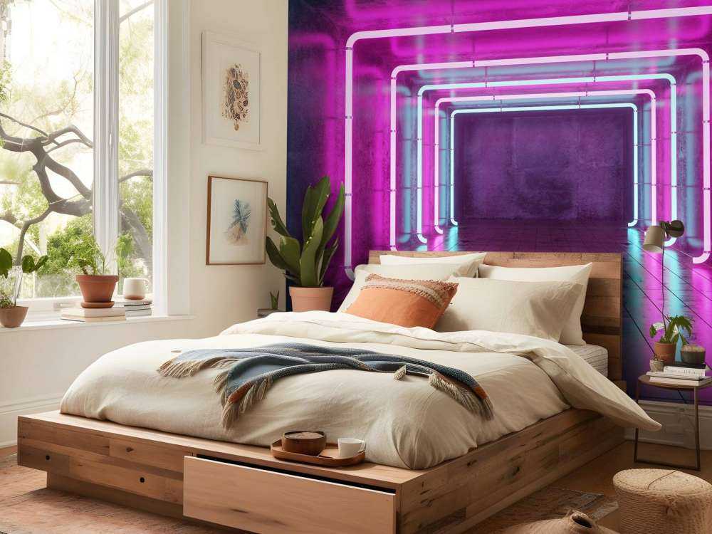 Sala de hormigón con luces de neón