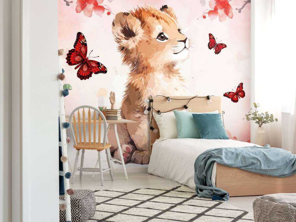 Cachorro de león soñador y mariposas