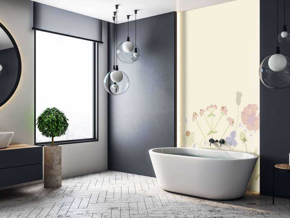 Campo de flores beige, rosa viejo, verde y lila