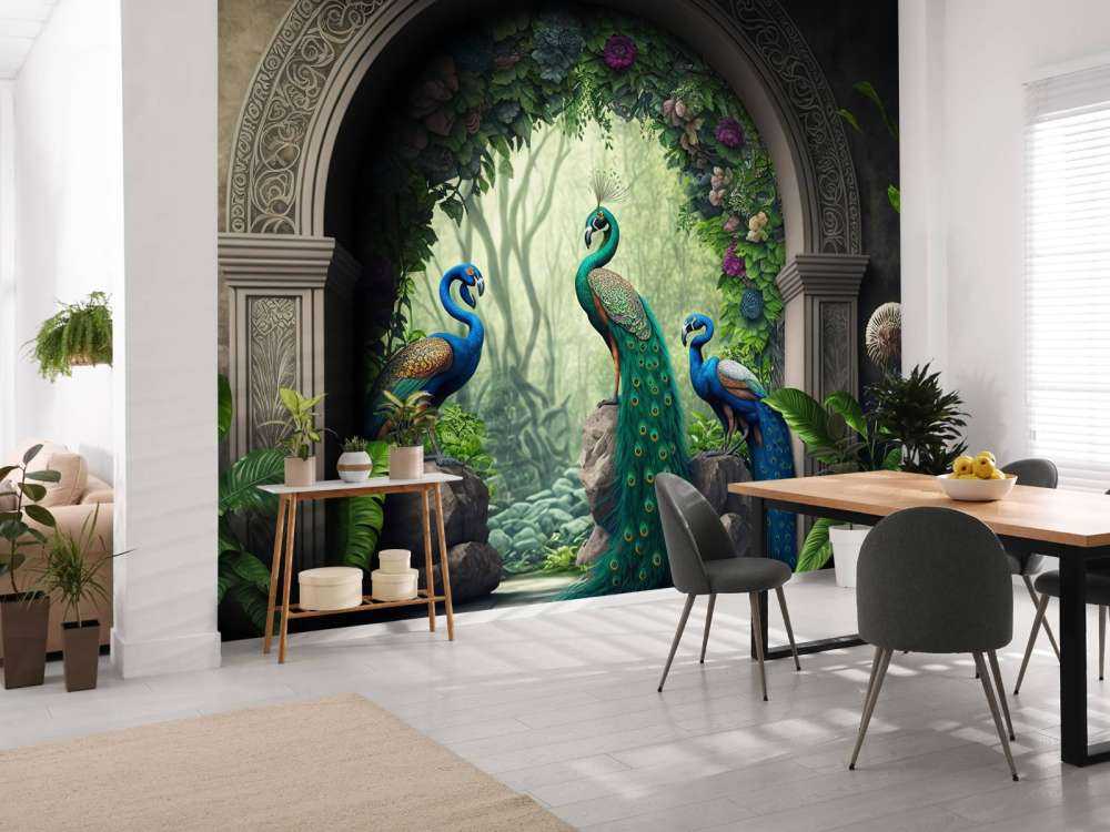 Trío de Pavos Reales en Jardín Secreto