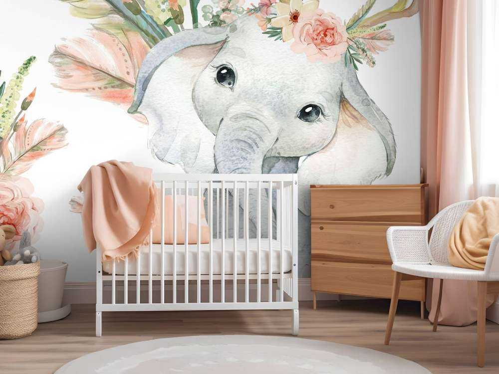 Bebé elefante flores rosas