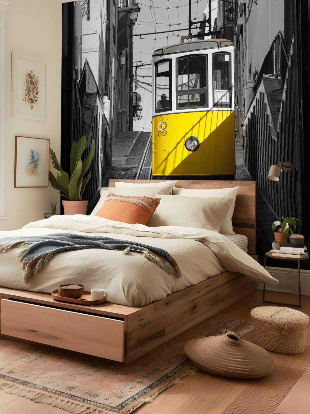 Tranvía negro y blanco amarillo