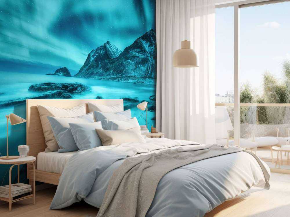 Aurora boreal azul con montañas
