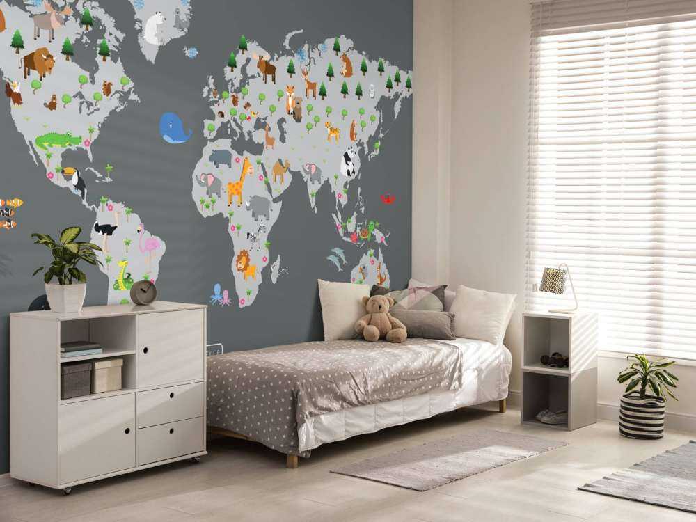 Mapa del mundo para niños con fondo gris