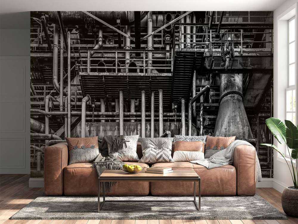 Antigua fábrica industrial en blanco y negro