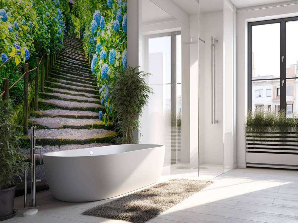Escalera entre hortensias