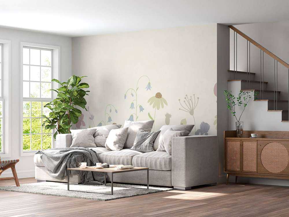 Campo de flores alto beige, rosa viejo, verde y lila