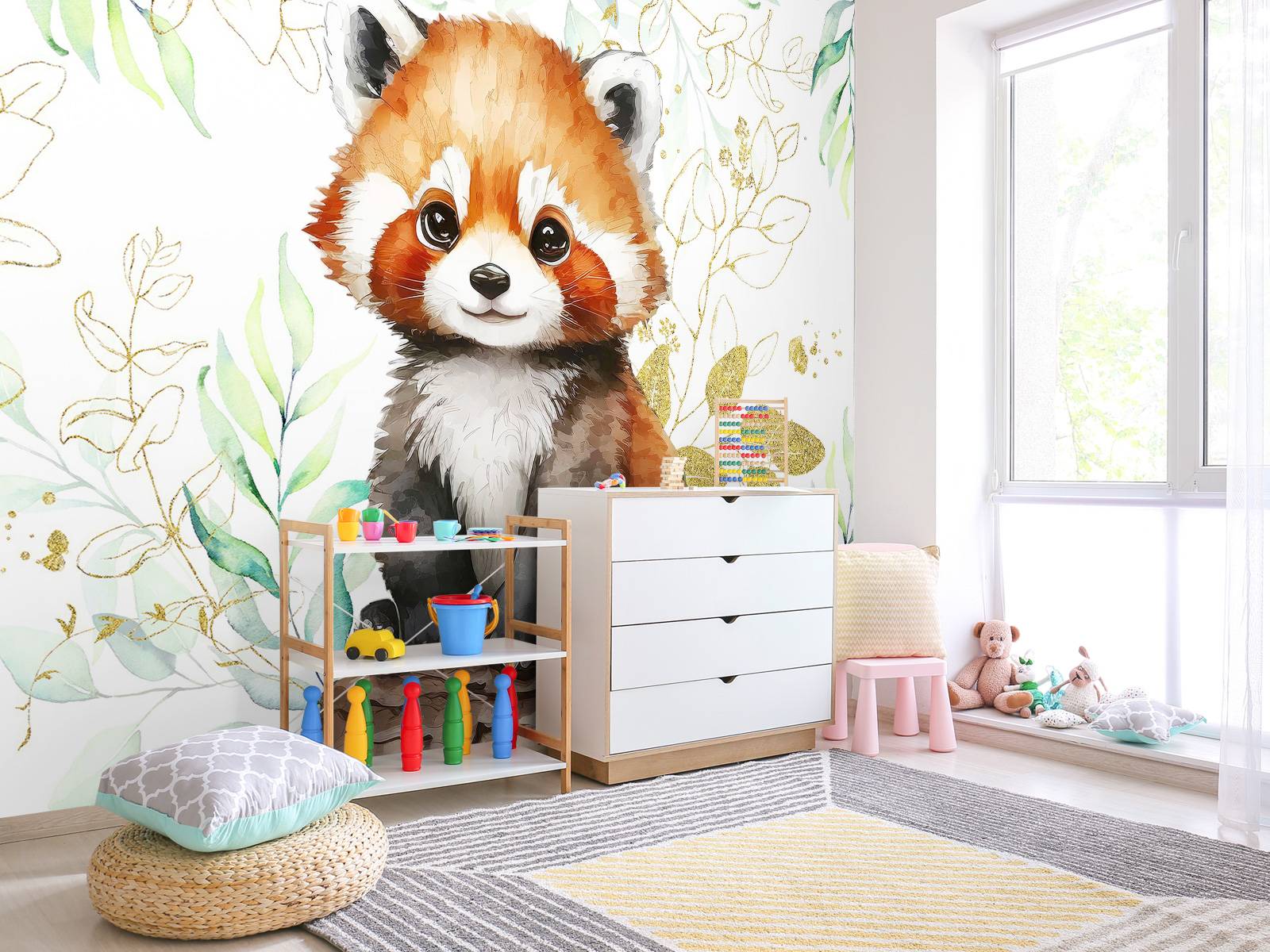 Papel Pintado - Panda rojo sombrío y hojas, image size:1600x1200